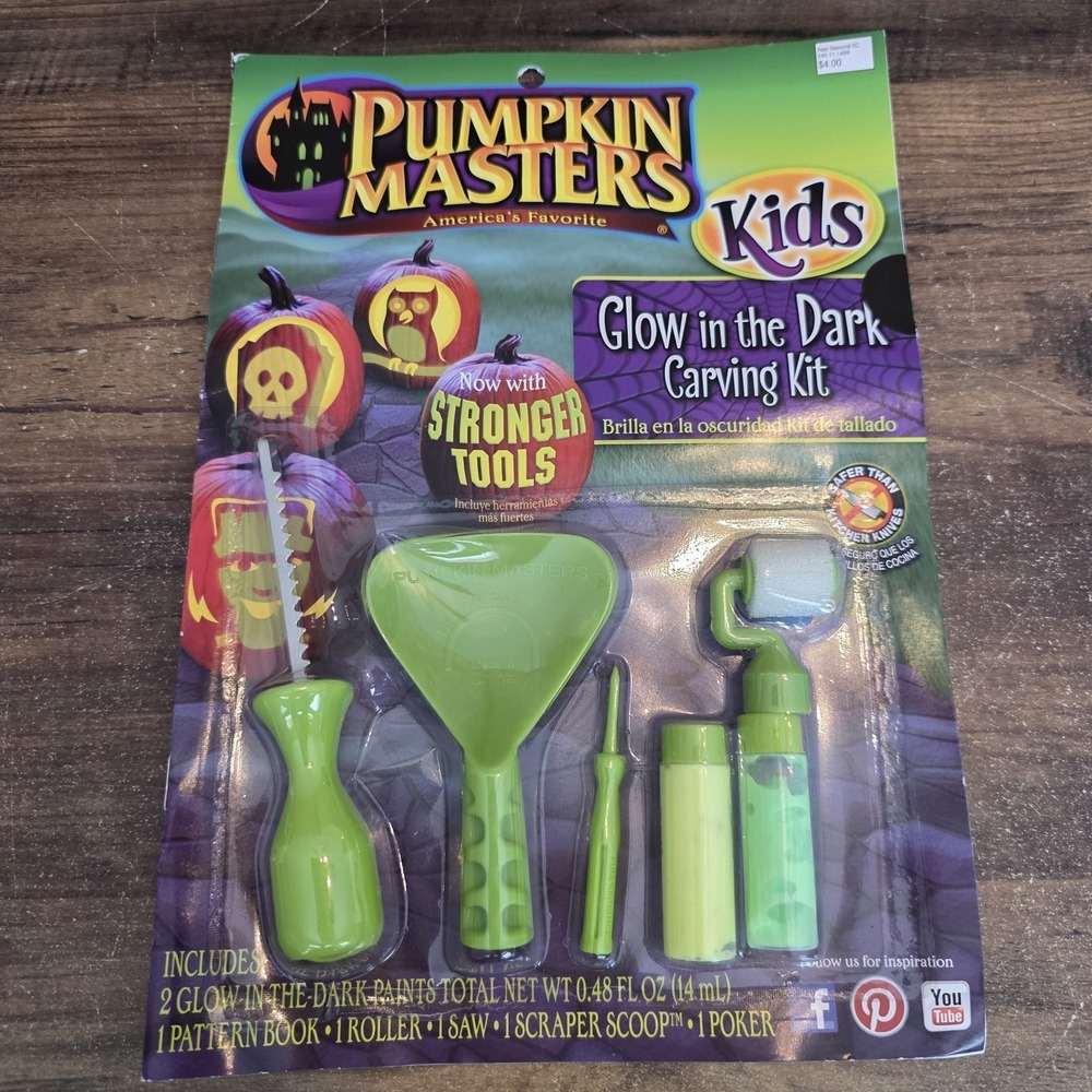 Pumpkin Masters Kids Glow‎ In The Dark Carving Kit Pattern Book & Tools New